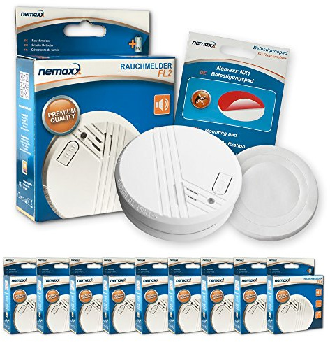 9X Nemaxx FL2 Rauchmelder - hochwertiger Rauchwarnmelder nach EN 14604 mit sensibler fotoelektrischer Technologie + 9X Nemaxx NX1 Befestigungspadhalterung