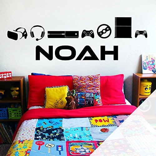 Personalised Name Boys Bedroom Wall Art Sticker - Gamers, Gaming, Game Consoles [Large] [White]