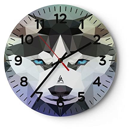 Modern Wanduhr Hund Husky Portrait 30x30cm Rund Klein Wand Uhr Glas Analog Zimmeruhren Küche Büro Wohnzimmer Glasuhr Wall Clock Dekoration Design Wanddekoration Küchenuhr C4AR30x30-3080