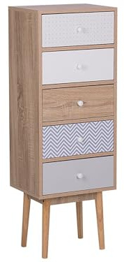 Moderne, hohe Kommode heller Holzfarbton mit 5 Schubladen Highboard Retro Stil