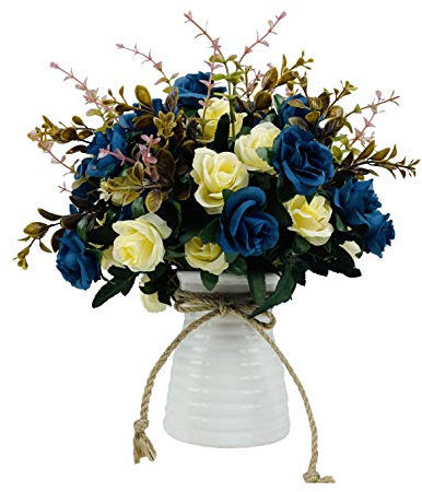 NAWEIDA Artificial Flowers with Vase Faux Flower Arrangements for Table Decor Table Centerpieces for Dining Room-Navy Blue