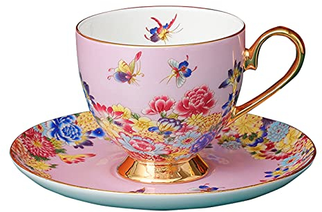 fanquare Bunte Kaffeetasse und Untertasse Set mit Löffel, Blume Schmetterling Muster in Porzellan, Teetasse aus Fine Bone China, Rosa