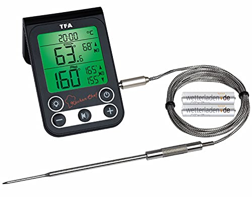 TFA Dostmann Digitales Grillthermometer/Bratenthermometer, Kontrolle der Kerntemperatur und Garraumtemperatur, mit Knickschutz und Alarmton, L 64 x B 20 (96) x H 99 (61) mm (schwarz mit Batterien)