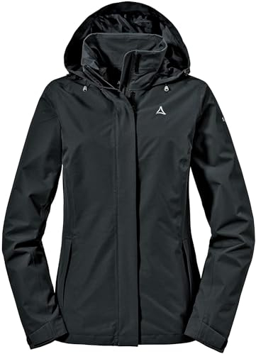 Schöffel Damen Jacket Gmund L, wind- und wasserdichte Regenjacke, atmungsaktive Outdoor Jacke, Wanderjacke mit verstaubarer Kapuze, black, 36