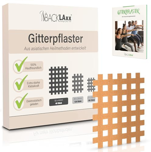 BACKLAXX ® Gittertape 40 Stück Premium-Qualität – Gitterpflaster Set in Größen Typ c – GRATIS umfangreiches eBook mit 60 Anwendungsbeispielen – Akupunkturpflaster Cross Tape Gitterpflaster
