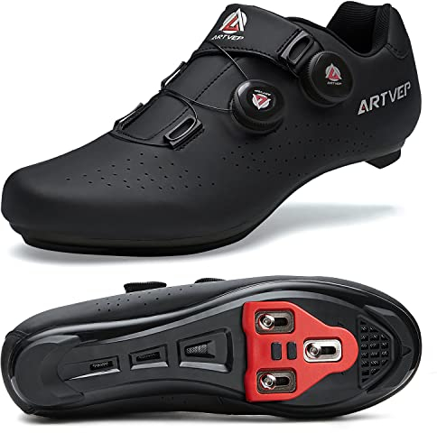 ARTVEP Herren Radschuhe Damen MTB Fahrradschuhe Kompatibel mit Look SPD SPD-SL Delta Lock Pedal Reitschuhe Kompatibel mit Peloton Schuhen Streifen Alles schwarz EU 41/255