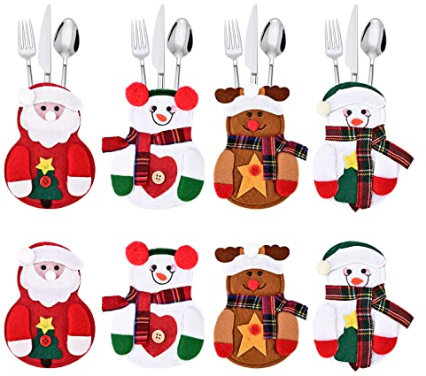 KATELUO 8 Piezas Bolsa de Vajilla Navideña (Papá Noel + Reno + Muñeco de Nieve), Bolsita para Cubiertos de Navidad, Porta Cubiertos Navideños, para Decorar Fiestas de Navidad y Mesas de Comedor