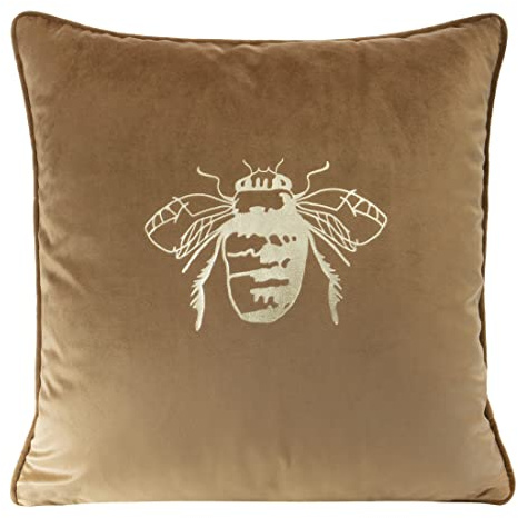 Eurofirany Elegante Velvet Kissenbezüge Dekokissen mit Aufdruck 45x45 cm Bezug Samt Kissenhülle Weiche Sofakissen, Goldene Biene/Einfassung, Dunkel Beige