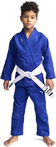 Ippon Gear BJJ GI Brazilian Jiu Jitsu Kinder/Einsteiger Anzug inkl weißem Gürtel [Größe M000 I Pearl-Weave Material I 350gr/m² Stoffdichte I Reißfestes Material mit versiegelten Nähten] blau