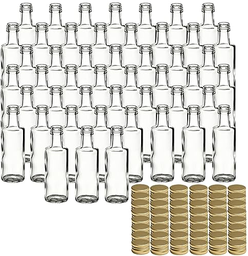 gouveo Lot de 48 bouteilles en verre 40 ml Dorica avec bouchon à vis doré - mini bouteille 0,04 l à remplir - bouteilles en verre pour liqueur, huile ou pour travaux manuels (DFT040G)