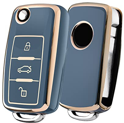 OATSBASF Autoschlüssel Hülle VW, VW Golf Schlüsselbox,Schlüsselhülle Cover für vw Polo Passat Skoda Seat 3-Tasten (Goldener Rand-Grau)