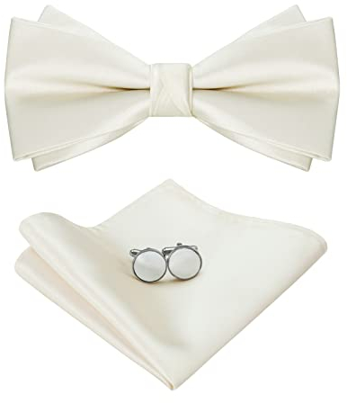 HOULIFE Fliege Herren Set - Verstellbare Vorgebundene Fliege Aus Satin Polyester, Einfarbiges Einstecktuch, Manschettenknöpfe Set für Bräutigam Hochzeit Formal Mit Geschenkbox