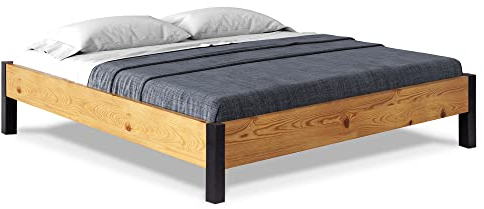 moebel-eins CURBY Bett mit Metallfuß, ohne Kopfteil, Material Massivholz, rustikale Altholzoptik, Fichte