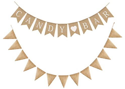 Juland Candy Bar Girlande und Weiße Herzen Deko Banner Naschbar Girlande Leinen Wimpelkette Vintage Foto Booth Props Schwalbenschwanz Flagge Wimpelkette Leinen Jute Stoff Wimpel Banner 2 Packs