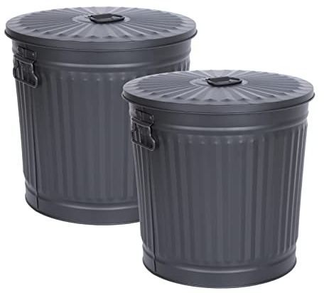 Jinfa 2 juegos de cubos de basura de diseño retro con tapa | Negro | Ø 36 cm, altura 36,5 cm, 35 litros