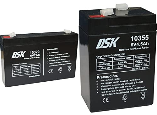 DSK 10320 - Batería de Plomo AGM Recargable Sellada de 6V y 7Ah. Ideal para Coche y Motos eléctricos para niños, Patinetes, Sistemas SAI/UPS & Batería Plomo AGM Sellada VRLA 6V 4,5Ah