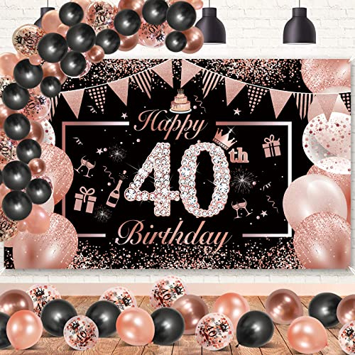 40 Geburtstag Frauen Banner Rosegold Schwarz, DJLLA Deko 40. Geburtstag Rosegold Banner, 40 Latex Konfetti Luftballons Poster Hintergrund 190×120cm (74,8×47,2)