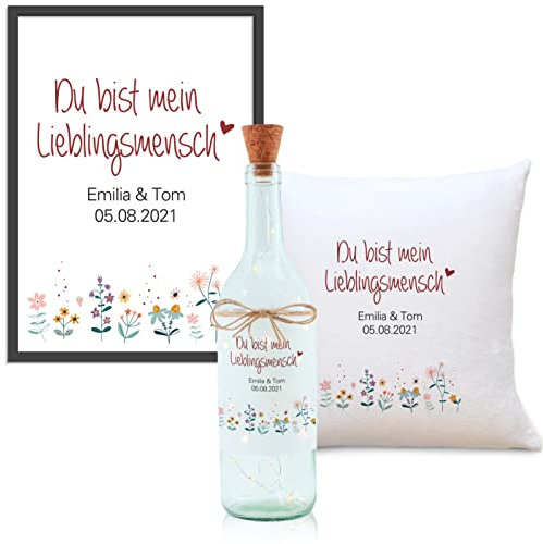 OWLBOOK Lieblingsmensch Blumenwiese Geschenkset Flaschenlicht, Kissen und Bild personalisiert Geschenke für Frauen Geschenkideen für beste Freundin Kollegin Mama Oma zum Geburtstag Ostern Weihnachten