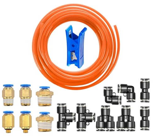 HUAZIZ 10m PolyuréthaneTuyau Pneumatique 6mm Orange,PU Tuyau Air,avec 14 Connecteur Pneumatique 4mm(noir 2 Droits,2 Coudes,2 Raccords en T,2 Séparateurs enY,6 Raccords Filetés Mâle,1 Coupe-Tuyau)