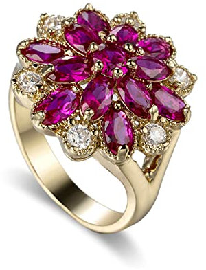Daesar Damen Ringe Verlobung, Ring Vergoldet Blumen mit Rot Zirkonia Gold Ring Frauen Jugendstil Gr.57 (18.1)