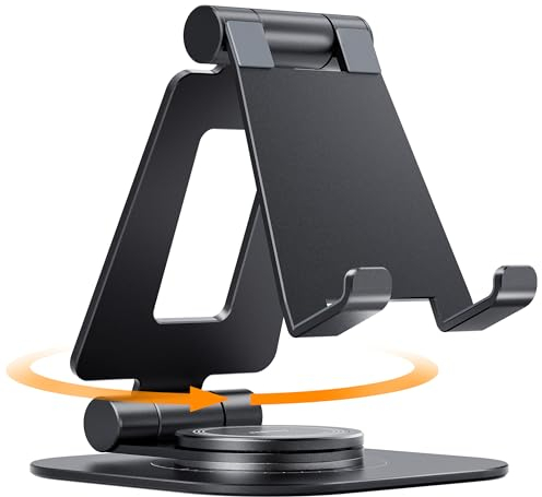 NULAXY 360 Rotating Phone Stand, Fully Foldable Adjustable Desktop Mobile Phone Holder Cradle Dock, Thick Case Friendly, Compatible with iPhone 16 15 14 13 12 11 Pro Max Xs Xr, All Smartphones, Black