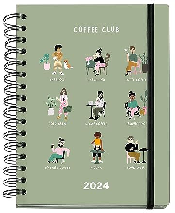 Miquelrius – Jahreskalender 2024 für Kaffeeliebhaber, Wochenansicht, Plusgröße 155 x 213 mm (ähnlich A5), starrer Einband, Spiralbindung, Gummiverschluss, mehrsprachig, Coffee Club Green