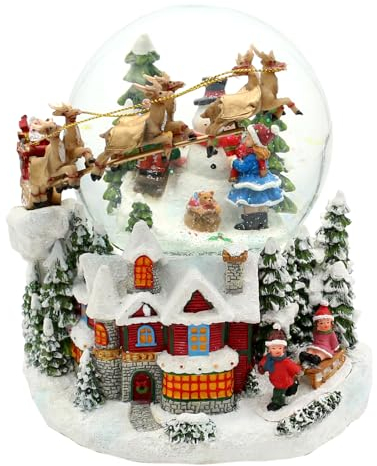 Dekohelden24 XL Schneekugel Weihnachtsabend mit Schneemann, Kinder, Santa und Rentierschlitten, mit Farbwechsel, Glitterwirbel und Sound, für Batteriebetrieb, L/B/H/Ø Kugel 17 x 16,5 x 17,5 cm Ø 12 cm