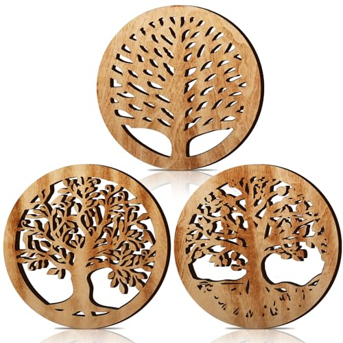Beeveer 3 Pcs Life Tree Wooden Trivets for Hot Dishes 8 Rustic Round Tree Trivet Set Hot Plate Holders Heat Resistant Polite Trees Coasters for Table Dishes Pots and Pans(Light Wood Color)