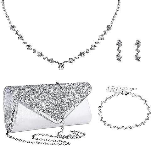 Jamron Damen Strass 4 Stücke Schmuck und Clutch Set für Hochzeit Prom Abend Party SN0708187 Set-B