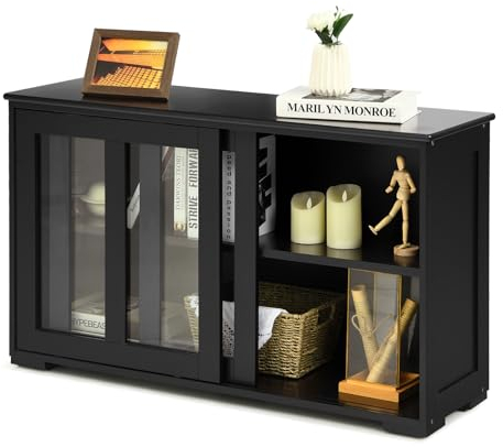 KOMFOTTEU Sideboard Beistellschrank, Küche Kommode mit Glas Schiebetüren, Küchenschrank Holz mit Verstellbare Ablage, Buffetschrank 107x33x64cm für Flur Esszimmer (Schwarz)