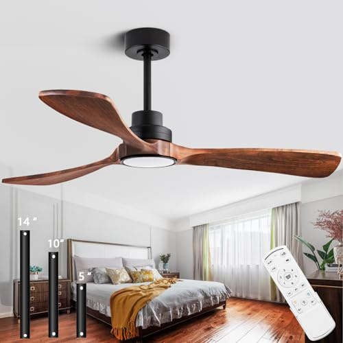 Dearnow - Ventilatore da soffitto da 52 pollici, con luce con telecomando, ventilatore da soffitto in legno per interni ed esterni [con 3 lame in legno] per patio, soggiorno, camera da letto,