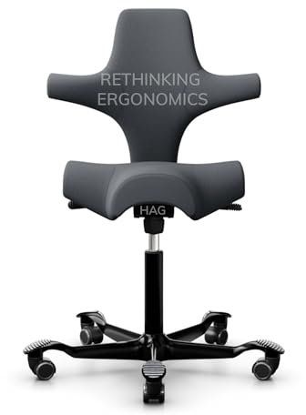 Rethinking Ergonomics HAG Capisco Verstellbarer Schreibtischstuhl, Sitz-zu-Steh-Schreibtischstuhl, schwarzer Rahmen, Öko-Polyester, graue Polsterung, 48,3 cm - 66 cm Höhe