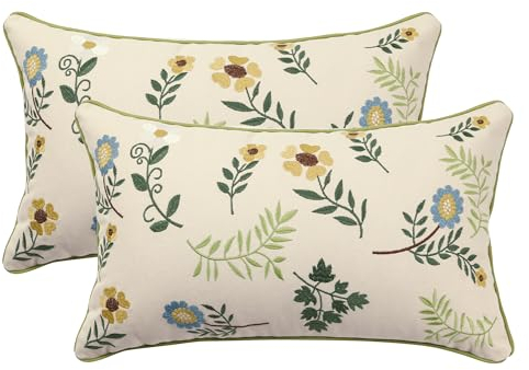 Tosleo 2 Stück Kissenbezüge Bestickte 30 x 50 cm Dekorative Wurfkissenbezüge Stickerei Gebrochene Blumen für Gartenlounge Sofa Dekokissen Wohnzimmer Schlafzimmer Blumenmuster Bauernhaus