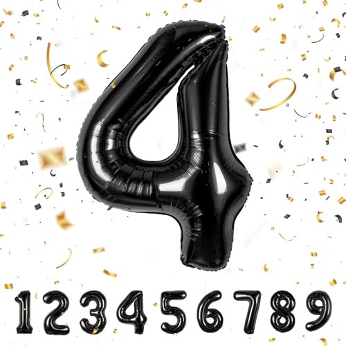 balloon Geburtstag zahlen Schwarz luftballon 4 jahre | Folienballon 4 -für Mädchen Junge Folienballon in 40Geburtstagsdeko - Kindergeburtstag Ballon Zahl Deko zum Geburtstag - fliegt mit Helium