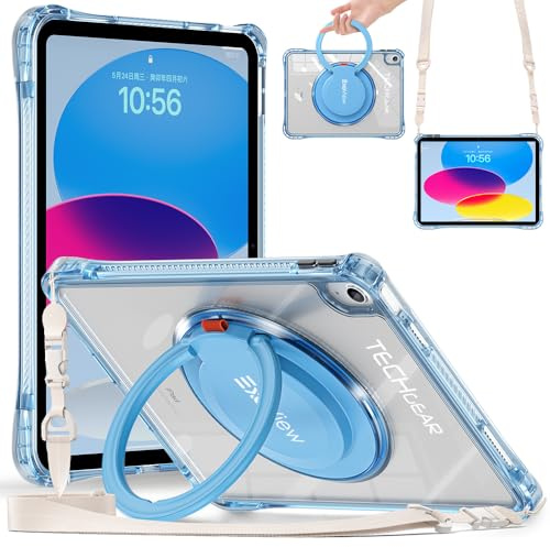 TECHGEAR ExoView Light Blue Carry Handle iPad Case for iPad 11 inch A16 2025 & 10.9 inch 10th Gen 2022, Kid-Friendly 360 Rotating Stand, Ring Grip, Shoulder Strap, Stylus Holder, Shockproof