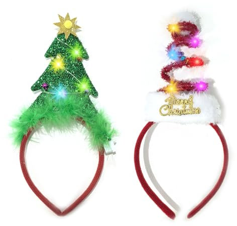 2 Stück LED Leuchten Haarreifen, Weihnachtsbaum Stirnband, Weihnachtsstirnband Leuchtend für Kinder Erwachsene Weihnachten Party Cosplay