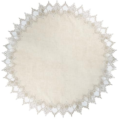 URROMA 85 x 85cm Runde Tischdecke aus Leinen, mit Spitzenbesatz, Couchtischdekoration, Leinen 2