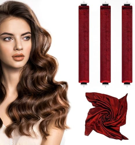 TELAIN Hitzefreie Samt-Haarwickler Jumbo, Über Nacht Lockenwickler für Alle Haartypen, Heatless Blowout Styling Tools, Weiche Lockenwickler zum Schlafen (3er Set, Weinrot)