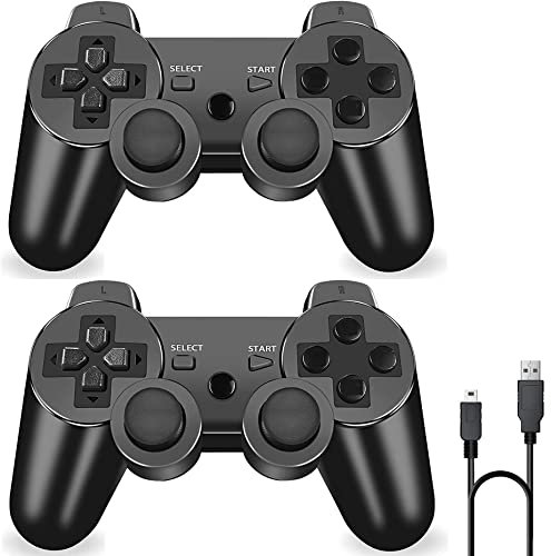 RUEIURI P-S3 Controller 2 Pack PS-3 Wireless controller Playstation 3 Controller Wireless Bluetooth Gamepad with USB Charger Cable for PS-3 ((Black+Black))