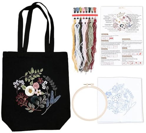 Sticken Set mit Leinentasche Stickset Canvas Tote Bag Anfänger Erwachsene Stickerei Blumenmuster Mit Werkzeug und Anleitung Kreuzstich Kit Stickpackung für Anfänger Erwachsene und Stickereiliebhaber