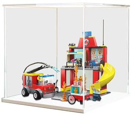 HCAEIOFJ Transparente Acryl-Vitrine für Lego City 60375, anwendbar für Feuerwehrstation und Feuerwehrauto, Displaybox, Geschenk (nur Vitrine) (weiße Unterseite 1)