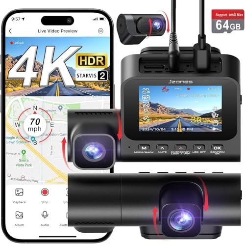 Jzones Dashcam con Tarjeta SD 64G, Cámara Coche 4K + 1080P + 1080P Delantera y Trasera Triple con GPS y WiFi, Dash CAM con Visión Nocturna, G-Sensor, Modo de Parada Las 24 Horas, Control App (Negro)