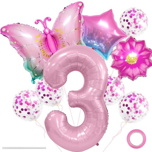 Schmetterling Folienballon,Ballon Anniversaire 3 Ans,XXL Bunt Schmetterlinge Themenballon,Blumen Helium Ballon,Blumen Stern Rosa Luftballons,Schmetterling Folienballon 3 für Kindergeburtstag Deko
