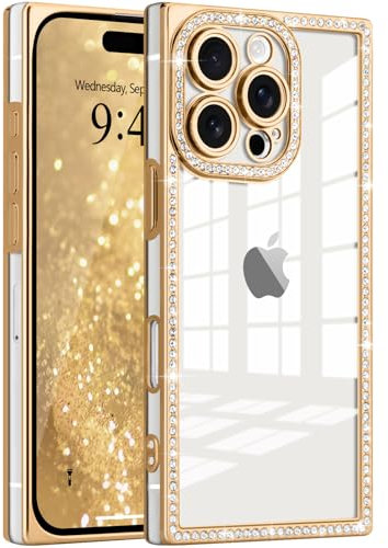 ROSEHUI Glitter Case for iPhone 16 Pro Max,Clear Rectangle Electroplated Sparkle Bumper with Bling Rhinestones Phone Case for Women,Sparkly Diamond Camera Protection Soft Slim TPU Cover-Gold