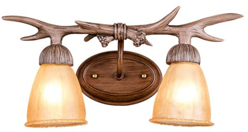LOGT Hirschhorn Wandleuchte 2 Flammig Retro Innen Wandleuchten Geweih Wandlampe mit Lampenschirm aus Harz Vintage Bettleuchte Rustikale Wandbeleuchtung Kreative Beleuchtung Nachtlampe E14 für Bar