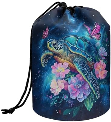 Wnbucioht Blue Flower Turtle Drawstring Wash Bag Womens Travel Bag Cute Sea Turtle Stand Up Drawstring Makeup Bag Portable Traveling Open Flat Brush Holder Pouch Large Toiletries Organizer