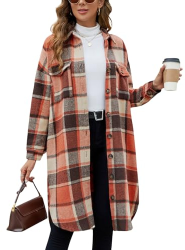 Tuopuda Veste Chemise à Carreaux en Flanelle pour Femme Manches longues Veste à Carreaux Blouse avec Boutons Long Manteau Mélange de laine(Orange,XXL)