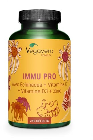 Complexe IMMUNITÉ | 240 Gélules | Echinacea, Gingembre, Vitamines C et D3, Zinc, Sélénium | DÉFENSE IMMUNITAIRE | Vegan & Sans Additifs | Vegavero®