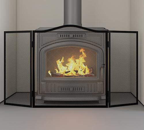 Kingson Extra bred välvd 3-panels brandskärm – svart smidesjärn gnistskydd för öppen spis – vikbart nät brandskydd – 102 x 54 cm – värmebeständig, barn- och husdjurssäker