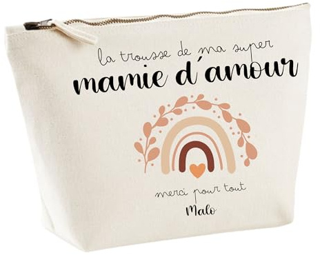 henrietteandco - Trousse de Toilette Mamie Personnalisée avec Prénom + Motif | Coton Premium 100% | Cadeau Grand-Mère Original | Grande Pochette 3,1L Made in France (Rainbow)